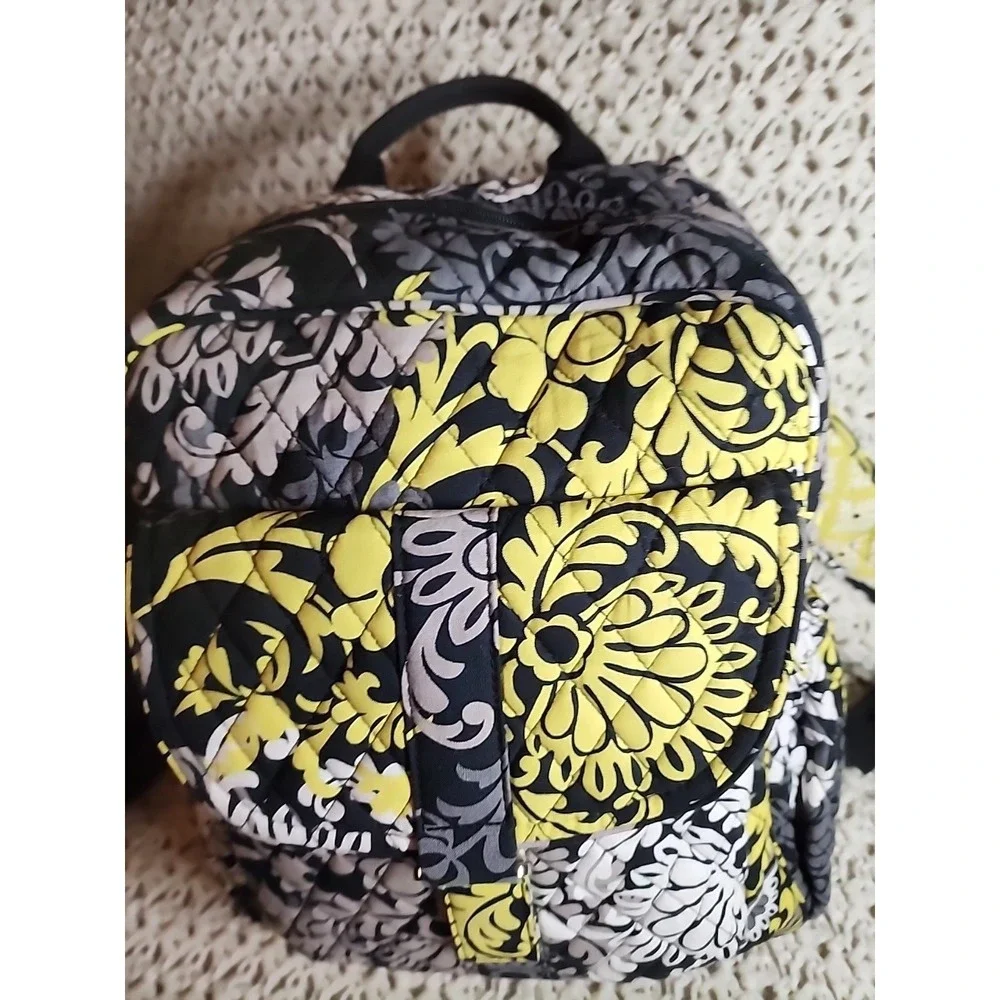 Vera Bradley Backpack Bag Baroque Yellow Black Floral Quilted Pockets Top Handle